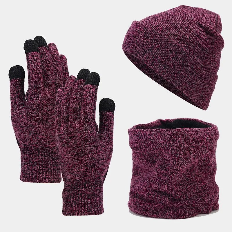 Cross-Border Hot Sale Winter Amazon European And American Woolen Cap Fleece-Lined Warm Knitted Hat Scarf Gloves Three-Piece Set