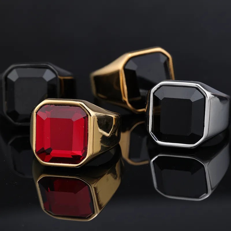 Fashion Square Stainless Steel Inlay Artificial Gemstones Men'S Rings