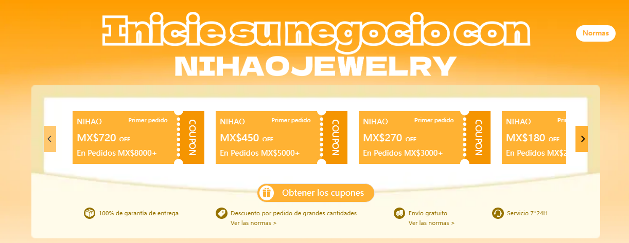 Hay descuentos para la primera compra de los clientes en Nihaojewelry.