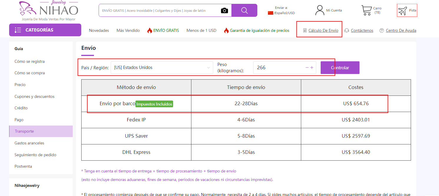 El envío por mar es el canal con impuestos pagados que ofrece Nihaojewelry.