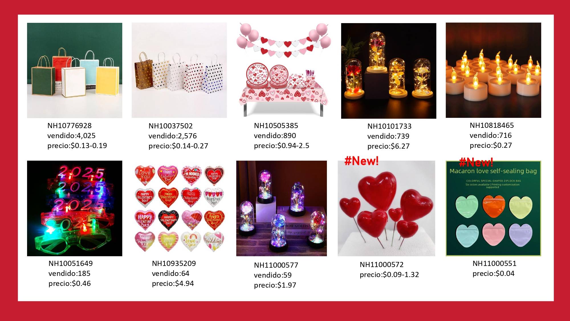 Productos populares de alta demanda para revender en tiendas físicas, boutiques y comercio electrónico: artículos para fiestas de San Valentín