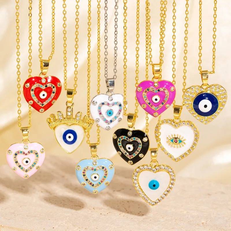 San Valentín 2025=Forma De Corazón Cobre Circón Chapados En Oro De 18K Esmalte Embutido Collar 