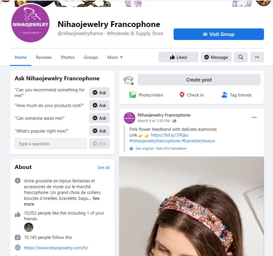 Nihaojewelry francophone Facebook account