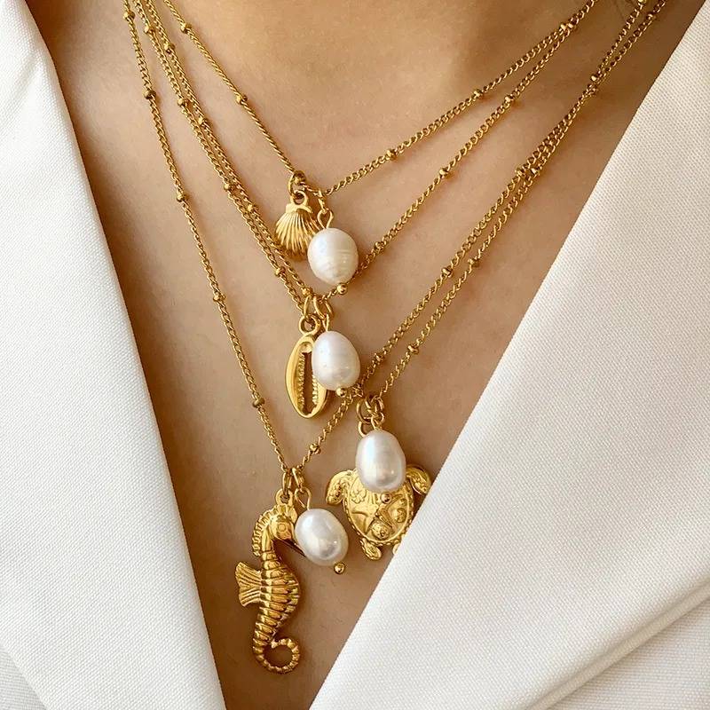 Tendances bijoux 2025 : collier pendentif coquillage en acier inoxydable 304 en gros collier de perles à clip