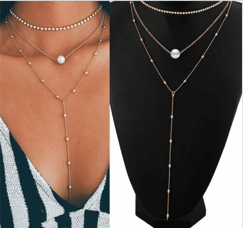Multilayer alloy necklace.