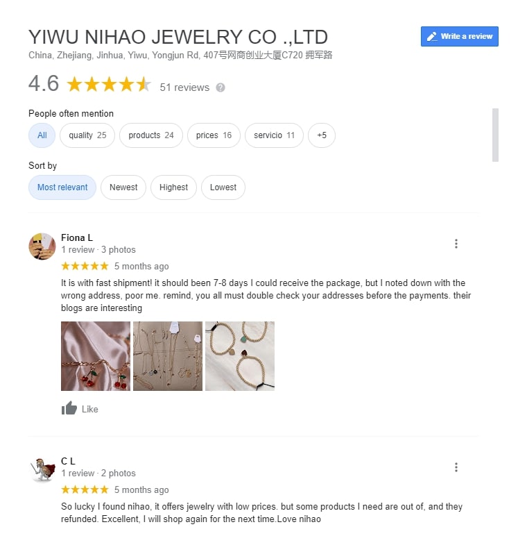 nihao jewelry reviews on google