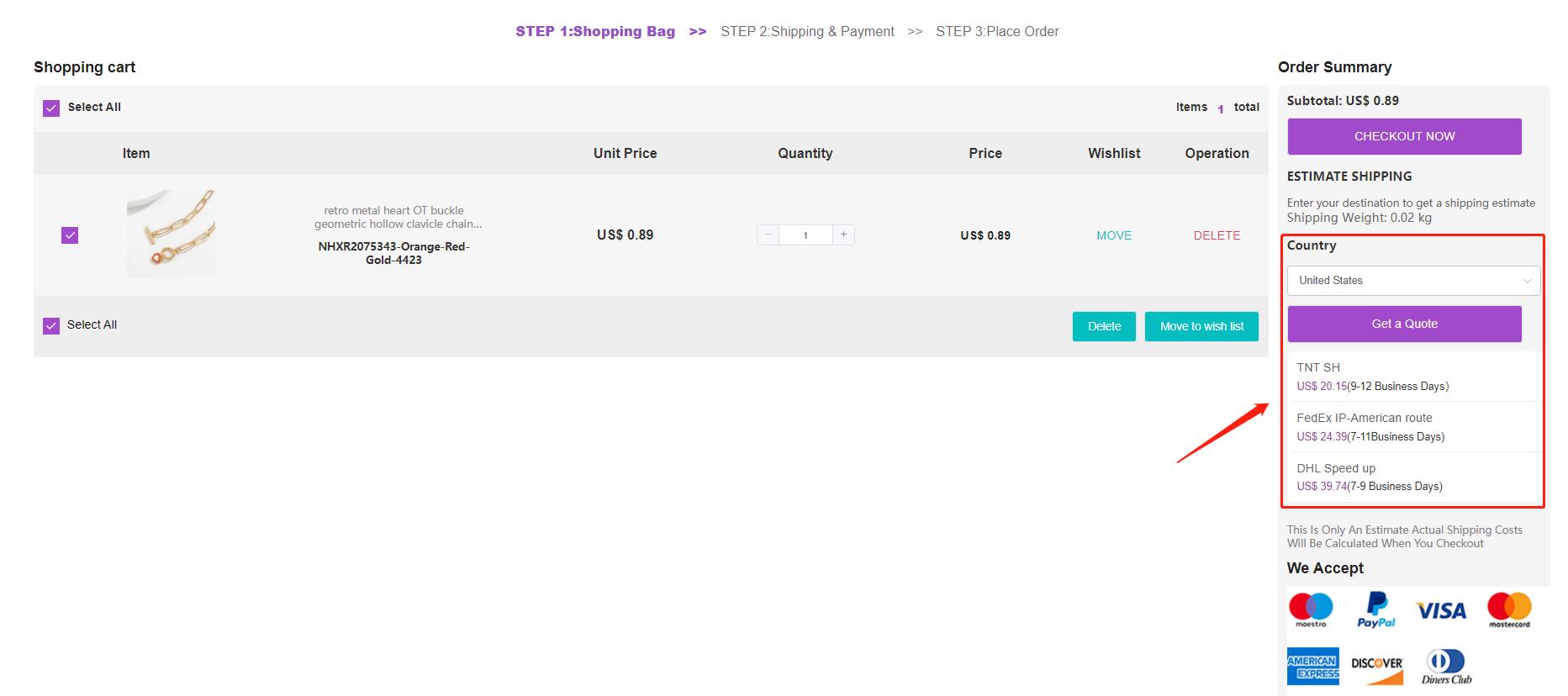 shipping calculator on shopping cart page