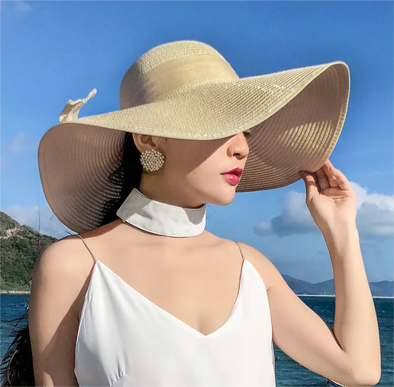 Women'S Vacation Solid Color Bowknot Big Eaves Straw Hat
