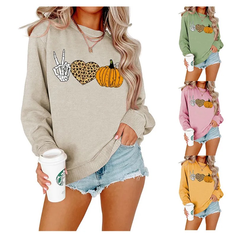 Women's Hoodie Long Sleeve T-Shirts Printing Rib-Knit Casual Pumpkin Heart Shape Leopard