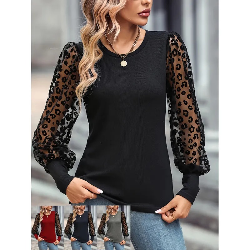 Women's T-shirt Long Sleeve T-Shirts Casual Sexy Color Block Leopard