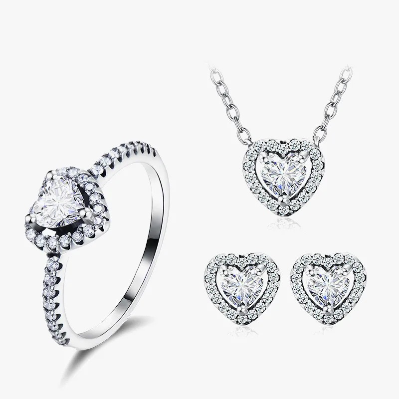 INS Style Romantic Shiny Heart Shape Sterling Silver Plating Inlay Zircon Rings Earrings Necklace