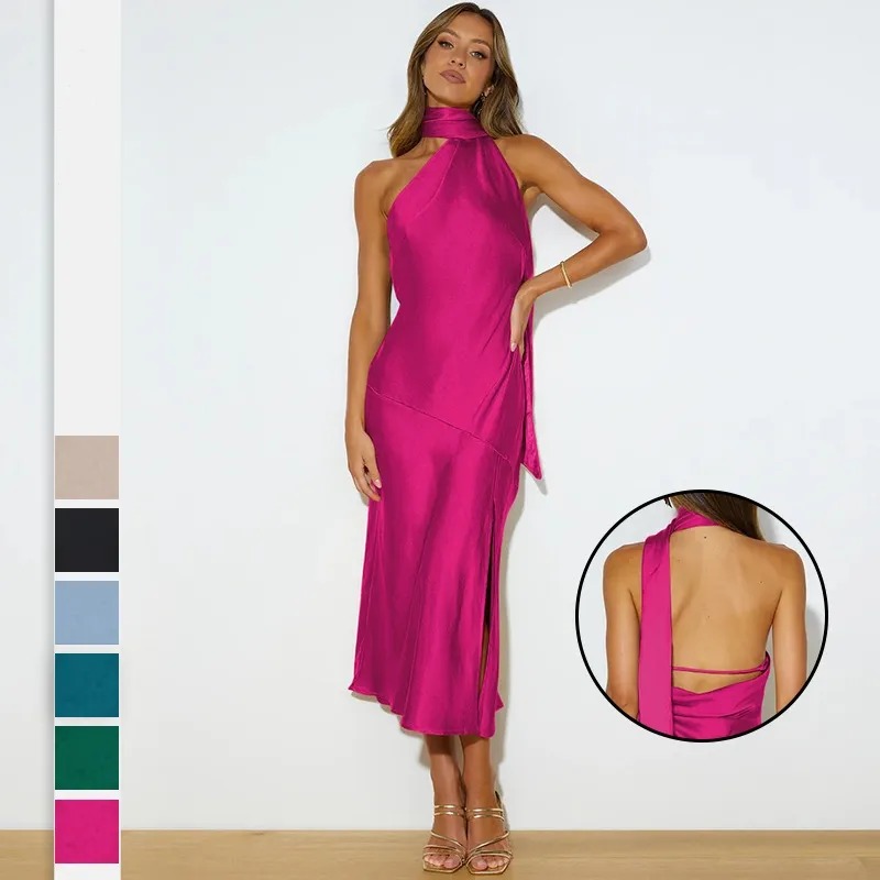 Women's Party Dress Elegant Sexy Halter Neck Hollow Out Backless Sleeveless Solid Color Maxi Long Dress Banquet Party