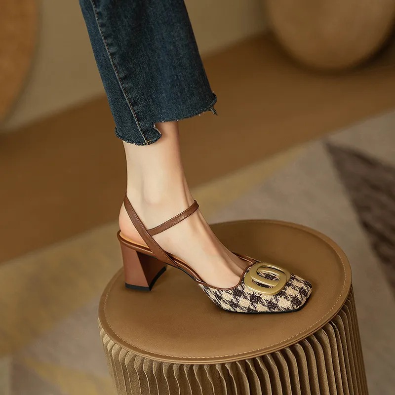 Women's Streetwear Houndstooth Square Toe Ankle Strap Sandals