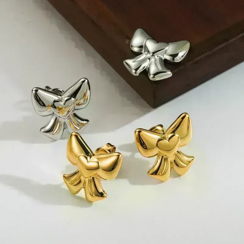 Bow Knot Polishing Plating Stainless Steel 14k Gold Plated Ear Studs
