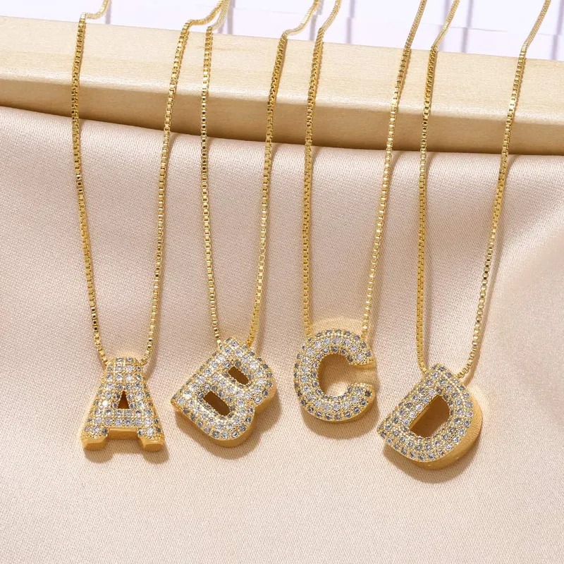 Copper Gold Plated Inlay Letter Zircon Pendant Necklace