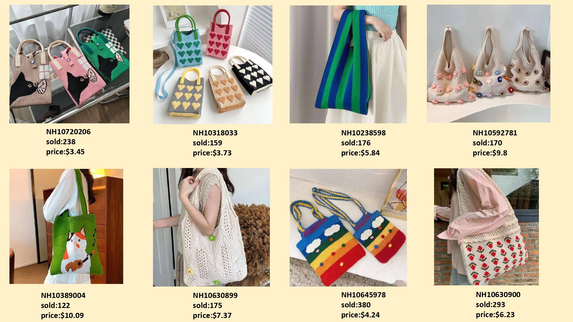 The best-selling knitted bags will likely feature a variety of styles, colors, and functionalities.
