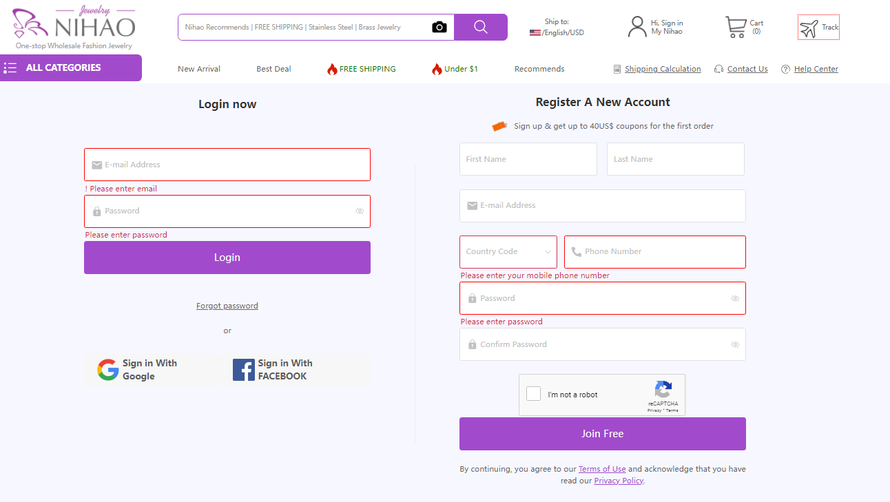 register a new account on Nihaojewelry