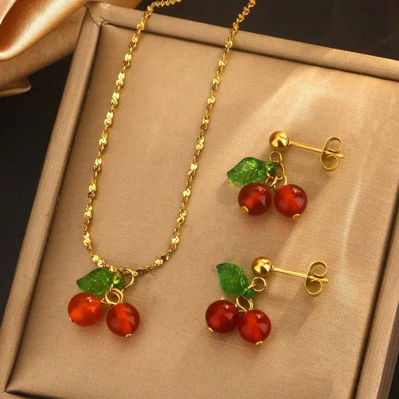 Jewelry Trends For Your Boutique-Sweet Cherry Fruit 304 Stainless Steel 18K Gold Plated Plating Earrings Necklace Jewelry Set