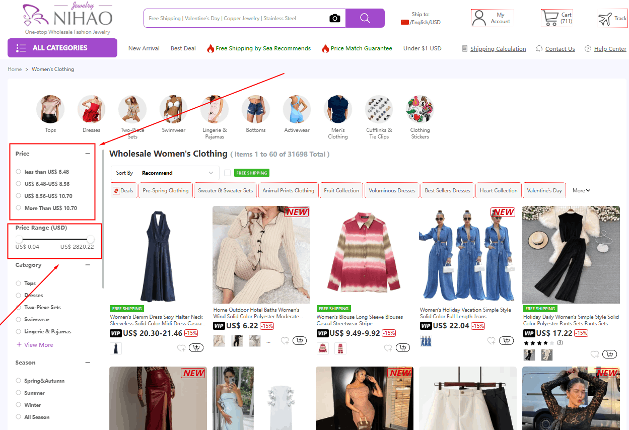 Use the Price Filtering Function to get outfits for women in nihaojewelry.