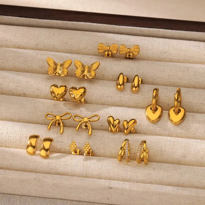 Heart Shape Butterfly Bow Knot Plating 304 Stainless Steel 18K Gold Plated Ear Studs