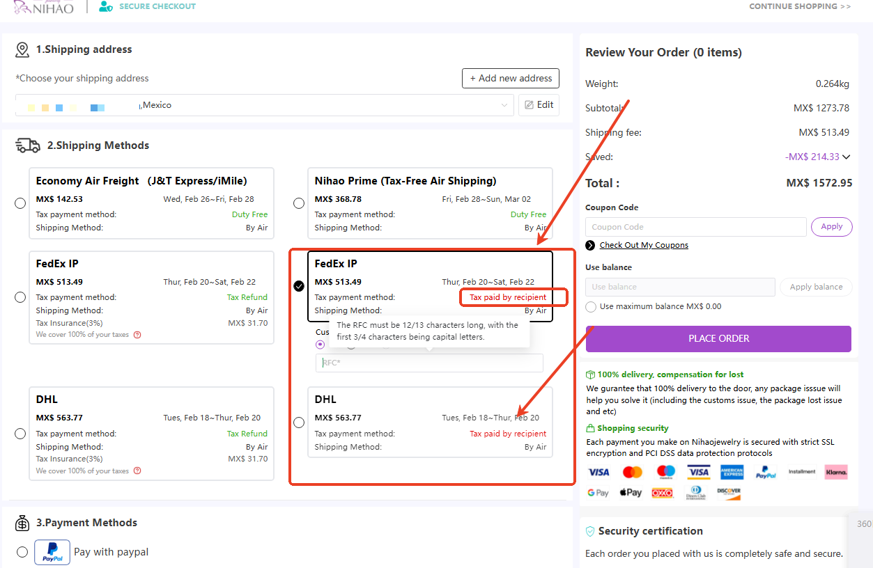 Tax payment method: Payment of Taxes at Destination
