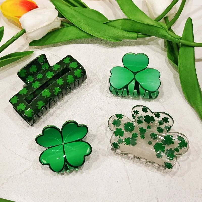 St. Patrick's Day Pastoral Women's Shamrock Four Leaf Clover Arylic Hair Claws